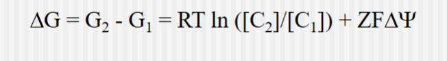 <p>Where C is the concentration,</p><p>Z is the on the ion being transported</p><p> F is the Faraday constant (96.5 kJ/volt-mol) and psi is the electrical potential of the solution</p><p>Delta psi is the voltage difference across the membrane</p>