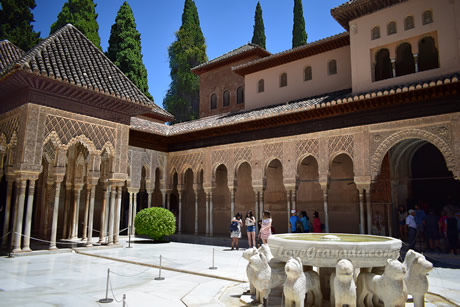 <ul><li><p>1391-1354</p></li><li><p>Nasrid Dynasty</p></li><li><p>Granada, Spain</p></li><li><p>Multiple buildings connected by paths, gardens, and gates</p></li><li><p>ornate interiors</p></li><li><p>4 palaces</p></li><li><p>Brightly colored facade</p></li><li><p>double arched windows</p></li><li><p>Some of the rooms were used to host visitors</p></li><li><p>Some rooms were used as residential apartments</p></li></ul>