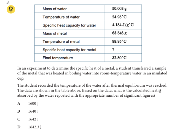 <p>Based on the data, what is the calculated heat q absorbed by the water reported with the appropriate number of significant figures?</p>