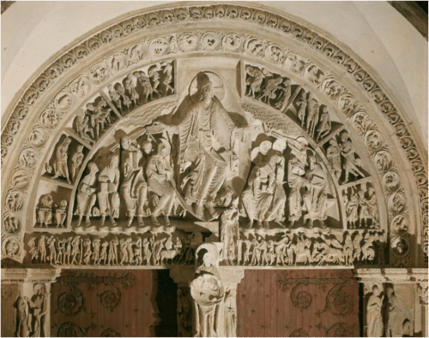 <p>Christ in Majesty at the center, sending the Holy Spirit to the apostles, surrounded by various peoples symbolizing the spread of Christianity.</p><p>Dynamic drapery and elongated figures, creating a sense of movement and energy.</p><p>Emphasizes the church’s role in the Crusades, linking it to the mission of spreading Christianity worldwide</p>