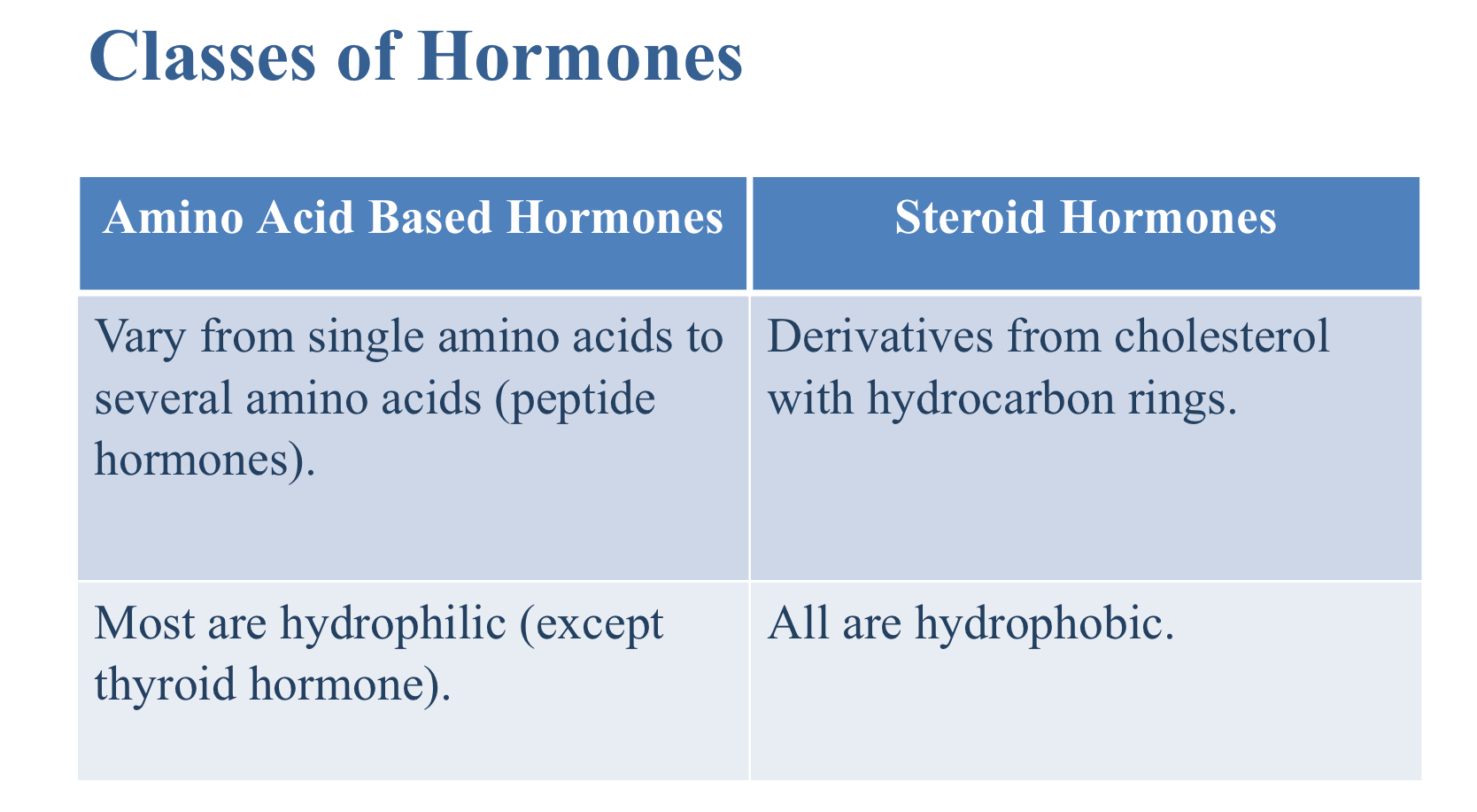 <ul><li><p>Derived from cholesterol with hydrocarbon rings</p></li><li><p>All are hydrophobic</p></li></ul>