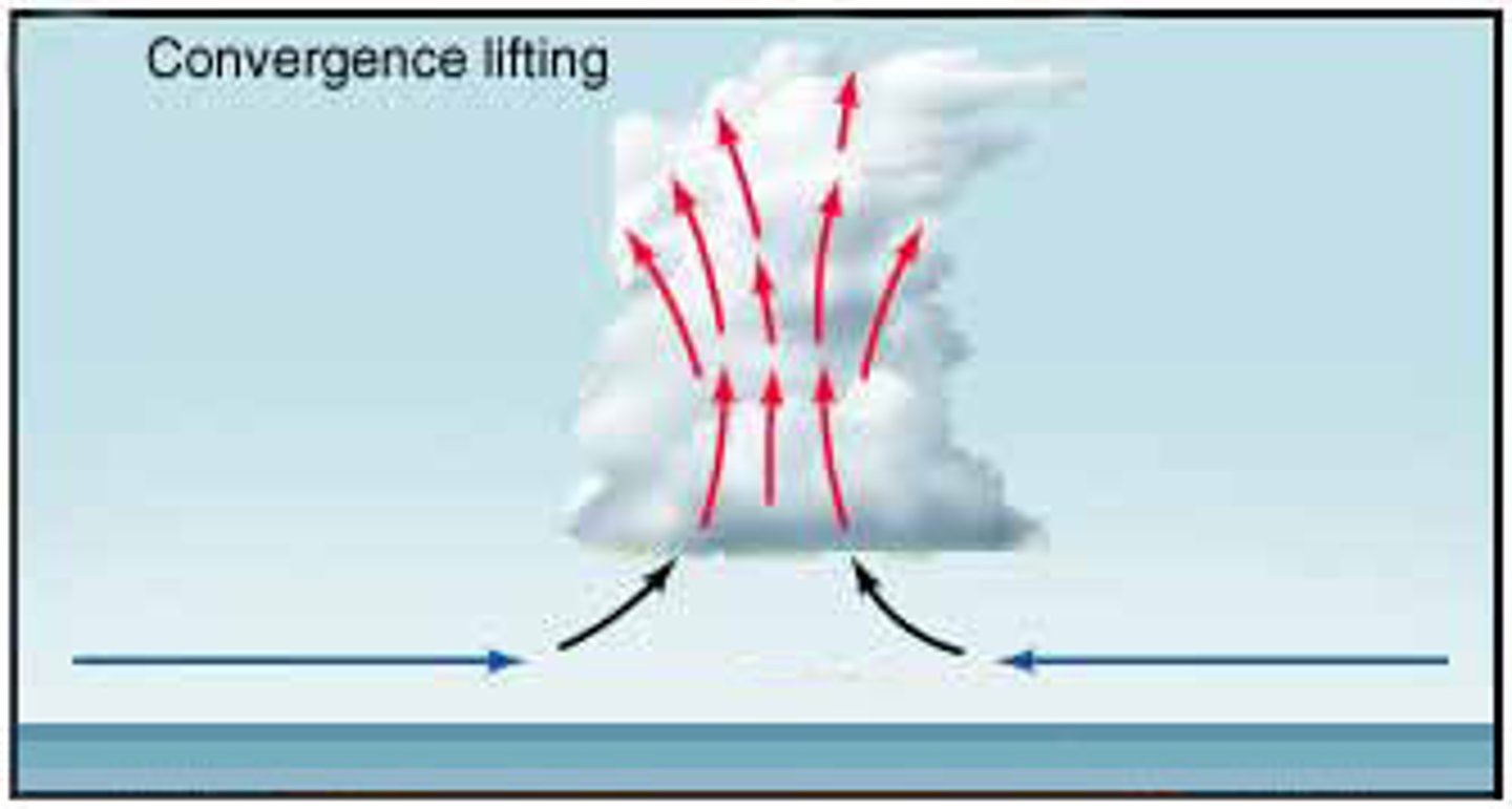 <p>where air from different directions is flowing together and rising (happens at low pressure points in the atmosphere)</p><p>2 multiple choice options</p>