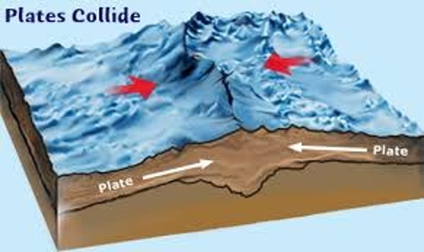 <p>Area where two continental plates collide, forming mountains.</p>
