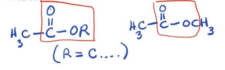 <p>Contains carbonyl group bonded to an OR group where R=Carbon</p>