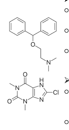 <ul><li><p>diphenhydramine (benadryl)</p><ul><li><p>1st generation histamine H<sub>1</sub>-receptor antagonists (blockers)</p></li><li><p>used to prevent and treat nausea, vomiting, and dizziness caused by motion sickness</p></li><li><p>also used to relieve symptoms of allergy, hay fever, and common cold</p></li></ul></li><li><p>8-chlorotheophyline</p><ul><li><p>also known as 1,3-dimethyl-8-chloroxanthine is a stimulant drug of the xanthine chemical class w/physiological effects similar to caffeine</p></li><li><p>diphenhydramine <strong>reduces</strong> nausea but causes drowsiness, and the stimulant properties of 8-chlorotheophylline help reduce that side effect</p></li></ul></li></ul><p></p>