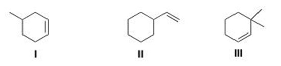 <p><span><span>Which of the following alkenes will undergo a carbocation rearrangement when reacting with H</span><sub><span>2</span></sub><span>O in the presence of a catalytic amount of H</span><sub><span>2</span></sub><span>SO</span><sub><span>4</span></sub><span>?</span></span></p><p><span><span>A) Only I and II</span></span></p><p><span><span>B) Only I and III</span></span></p><p><span><span>C) Only II and III</span></span></p><p><span><span>D) I, II, and III</span></span></p>