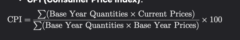 <p>tries to capture an average of prices paid by consumers for good and services<br><br>issues -</p><ul><li><p>substitution bias - doesn’t capture substation away from things that relatively more expensive</p></li><li><p>quality bias- doesn’t capture new stuff or improved quality of stuff </p></li></ul><p></p>