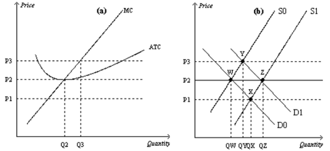 When the market is in long-run equilibrium at point W in panel (b), the firm represented in panel (a) will