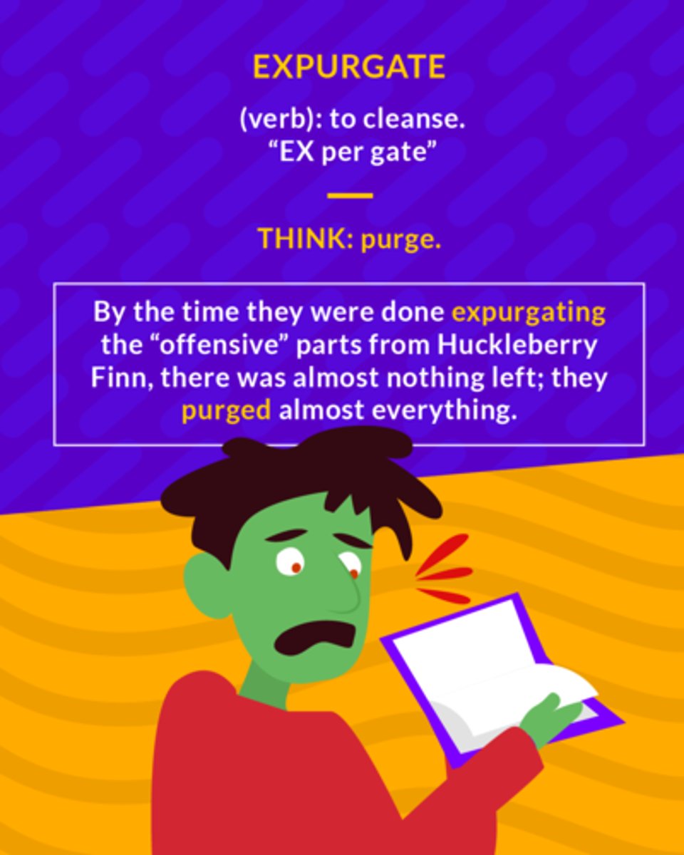 <p>(v.) to remove objectionable passages or words from a written text; to cleanse, purify</p>