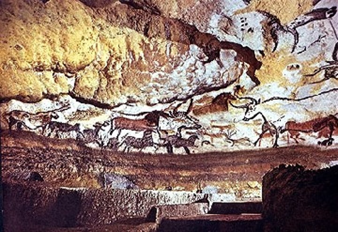 <p>ROO: Lascaux, France</p><p>DOC: 15,000-13,000 BCE</p><p>Material: Charcoal, ochre</p><p>- paleolithic</p><p>- series of caves containing horses, deer, bison, etc.</p><p>- decorate upper ceiling</p><p>f(x):</p><p>- may serve as ritual to encourage successful hunt</p><p>- scale of work --&gt; intentionally made</p>