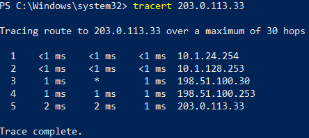 <ul><li><p>traceroute</p><ul><li><p>UDP probes to identify each hop in a path</p></li><li><p>Increments TTL with each iteration</p></li><li><p>Outputs number of hops, the IP address of the ingress interface of the router or host, and time taken in milliseconds (ms)</p></li></ul></li><li><p>tracert</p><ul><li><p>Windows</p></li><li><p>Uses ICMP</p></li></ul></li></ul>