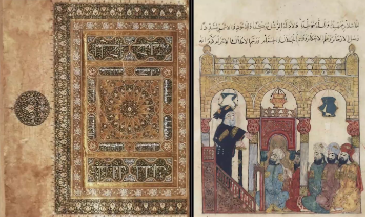 <p>What do the <em>Qur’an Frontispiece</em> (left) and the <em>Maqamat of al Hariri</em> (right) indicate about artistic differences between Islamic caliphates?</p>