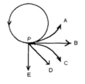 <p>A girl attaches a rock to a string, which she then swings counter-clockwise in a horizontal circle. The string breaks at point P in the figure, which shows a bird's-eye view (as seen from above). Which path (A-E) will the rock follow?</p>