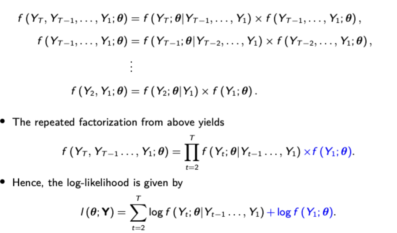 <p>Use repeated factorisation, and remember the unconditional distribution of the initial value (normal with 0 mean and same variance as in AR(1) covered in time series, but needs to have its likelihood derived as well.</p>