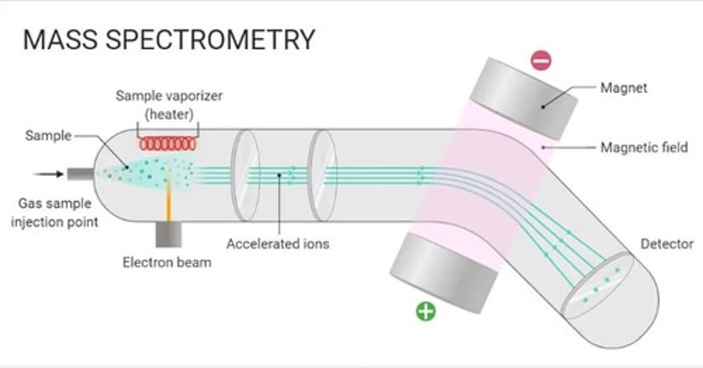 <p>parts:</p><p>- sample enters</p><p>- heater that vaporizes sample (heats it up into gas)</p><p>- electron beam source from the bottom</p><p>- 2 electric plates (first one (+), second (-)</p><p>- magnet with magnetic feild</p><p>- detector at bottom</p>