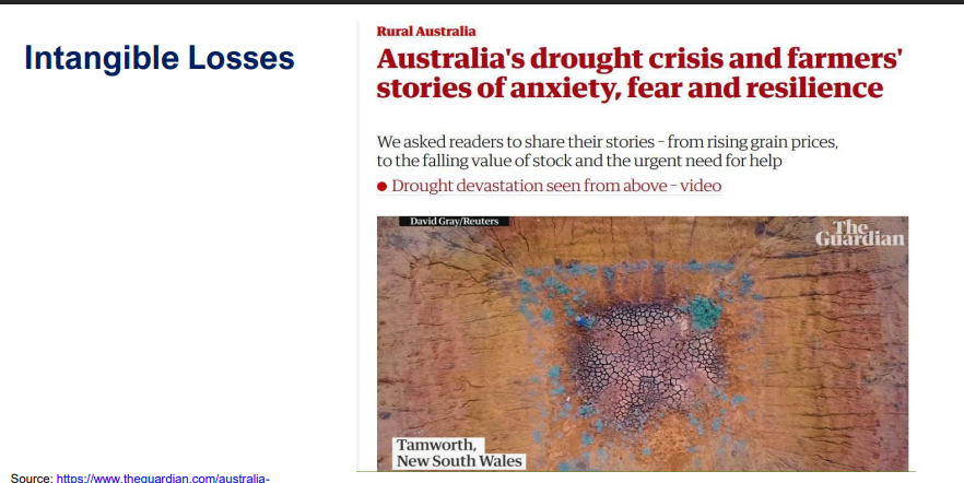 <ul><li><p><strong>Mental health</strong>: fear, anxiety, depression, even suicide risk among farmers.</p></li><li><p><strong>Identity &amp; dignity</strong>: failure of crops seen as “failure of the farmer” (“violation of good farmer identity”).</p></li><li><p><strong>Sense of place</strong>: loss of attachment to land, solastalgia, distress at seeing farms erode.</p></li><li><p><strong>Social fabric</strong>: decline of rural community life (sport, social events)</p></li></ul><p></p>