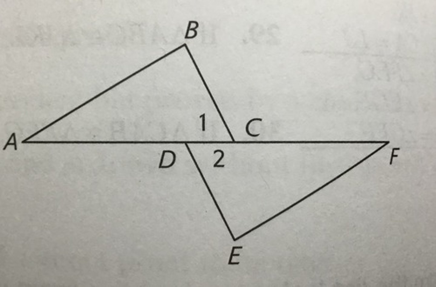 <p>Given: (all r angles) BCF=EDA ACF=FDA</p><p>Prove: Angle 1= Angle 2</p>