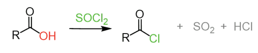 <p><span>CH<sub>3</sub>COOH + SOCl<sub>2</sub> → CH<sub>3</sub>COCl + SO<sub>2</sub> + HCl</span></p>