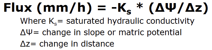 <p>combines effect of gradient and hydraulic conductivity</p><p>calculates quantity of water (flux) flowing in a saturated soil</p><p>used to calculate flow rates in aquifers</p><p>hydraulic conductivity diminishes exponentially as soil dries</p>