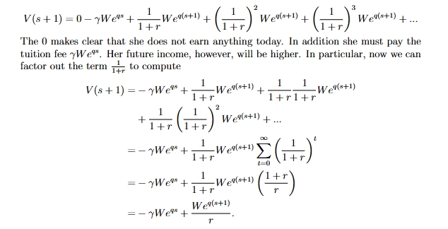 <ul><li><p>in the first period, the individual isn’t getting any income but she is paying for the tuition fee so this is why the first value is negative </p></li><li><p>from period 2 onwards, she is earning some sort of income (this will be higher than if she had not had the extra year of schooling) </p></li><li><p>we can factor out the term 1/1+r to compute her discounted lifetime income </p></li><li><p>use the geometric series again when we find the sum of the interest rate </p></li><li><p>the benefit of an extra year of schooling accrues in the future while today the individual only incurs costs </p></li><li><p>a higher r requires a larger return to schooling </p></li><li><p>a higher tuition fee requires the return to schooling to be higher in order to maintain the indifference condition </p></li></ul><p></p>