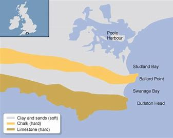 <p>Where the rocks run perpendicular to the sea - forming headlands and bays</p>