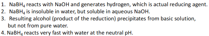 <p>Why it is better to use 1 M aqueous NaOH solution as a solvent for NaBH4 reduction rather than pure water?</p>