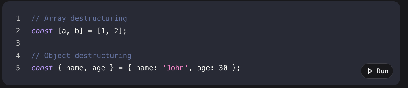 <p>Destructuring assignment is a syntax in JavaScript that allows you to unpack values from arrays or properties from objects into distinct variables. For arrays, you use square brackets, and for objects, you use curly braces to extract values. </p>