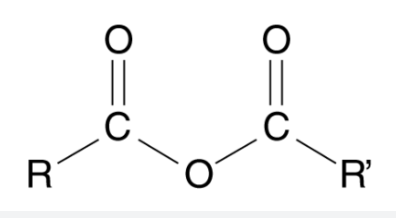 <p>Oxygen connected to two carbons each with oxygen double bonds, and each connected to their own carbon or hydrogen</p>