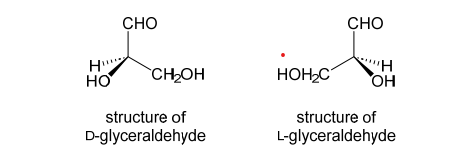 <p>The configuration of substituents found in (+)-glyceraldehyde was called the ‘D’ configuration. The configuration of substituents found in (-)-glyceraldehyde was called the ‘L’ configuration</p><p>Compounds that were chemically similar to D-glyceraldehyde, with the same arrangement of bonds, were also assigned the D configuration (irrespective of their optical rotation). Similarly, compounds related to L-glyceraldehyde were assigned the L configuration. D and L can really only be sensibly used for compounds that are chemically related to glyceraldehyde.  <strong>All of the amino acids found in proteins (those coded for by the genetic code) are L relative configuration. </strong>Similarly,<strong> all of the common carbohydrates found in nature are D relative configuration.</strong></p>
