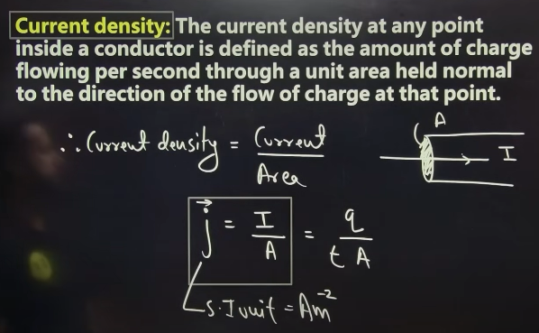 <p>current density is the amount of current flowing per unit cross sectional area</p>