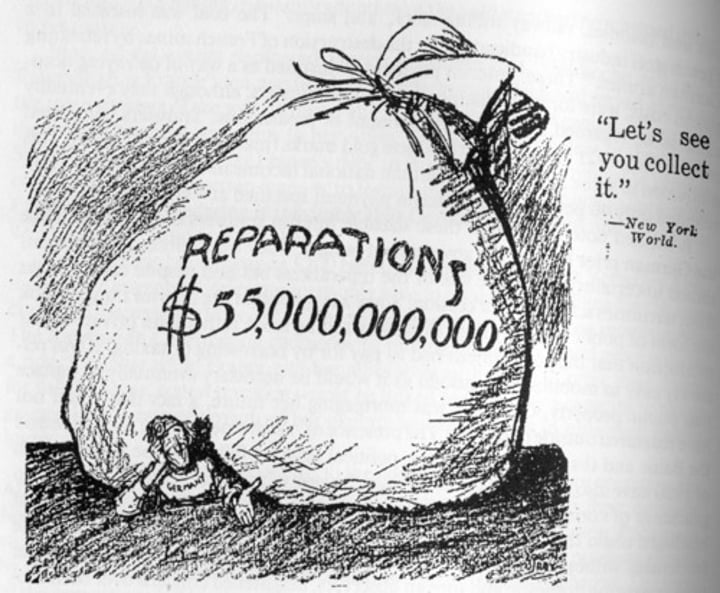 <p>Compensation or repayment; compensation payable by a defeated nation for damages sustained by another nation as a result of hostilities., Cash payments for the damage of war. Germany was forced to pay $300 billion in damages for WWI which crippled them economically in the 20's leading to radical totalitarian regimes taking over</p>