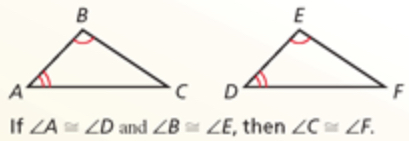 <p>If two angles of one triangle are congruent to two angles of a second triangle, then the third angles of the triangles are congruent</p>