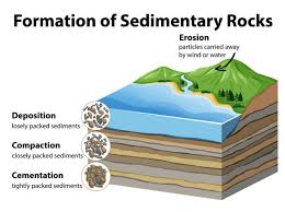 <p>Four processes are involved in the formation of sedimentary rocks: alteration and/or erosion (1), transport (2), deposition or sedimentation (3), diagenesis (4)</p>
