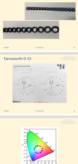 <ul><li><p>15 small isochromatic discs, each of a different hue</p></li><li><p>Detects moderate to severe CV deficiencies</p></li><li><p>Not a screening test </p><ul><li><p>ppl w/ normal or mild CV defs will pass</p></li></ul></li></ul><p></p>