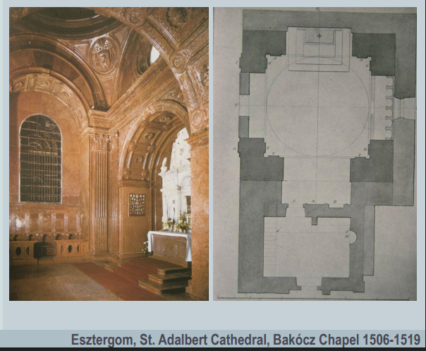 <p>Esztergom st adalbert cathedral by Loannes Florentinus, Andrea Ferrucci</p><p>B: built for cardinal bakocz, hungarys first complete renaissance interior</p><p>A: arranged around central plan</p><p>K: known for red marble walls</p><p>O: ordered classical proportions, round arches, clean proportions</p><p>C: connected italian models like florenc santo spirito sacristy</p><p>Z: zen like facade, smooth stone, simple ornament, elegant door frame</p>