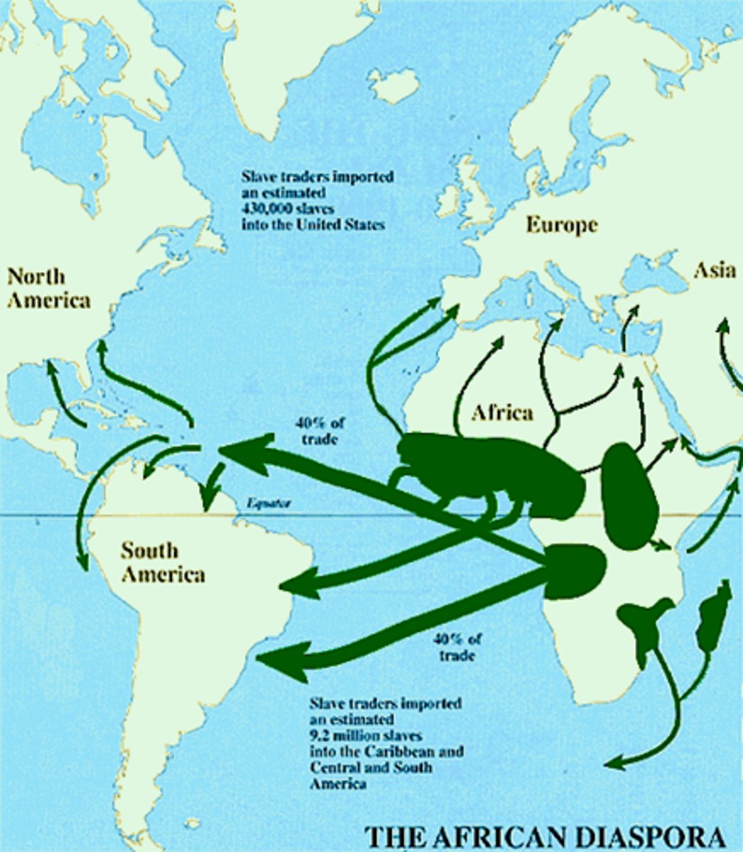 <p>The separation of Africans from their homeland through centuries of forced removal to serve as slaves in the Americas and elsewhere.</p>