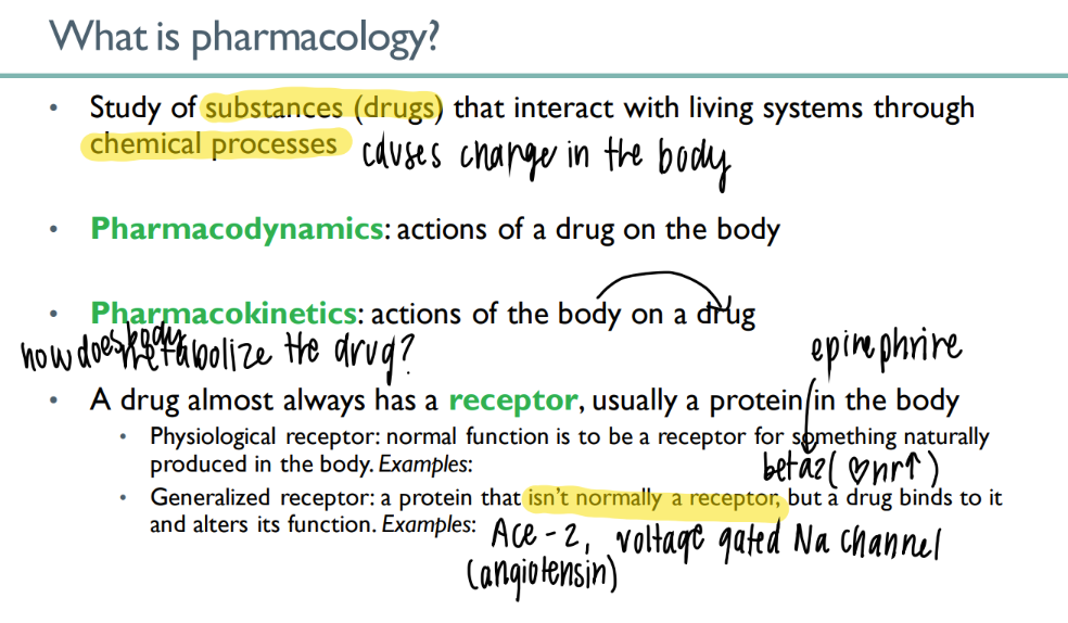 <p>physio: NORMAL body substance acts on NORMAL receptor normally (ie epinephrine on beta 2) </p><p>general: drug ACTS on body receptor to alter function </p>