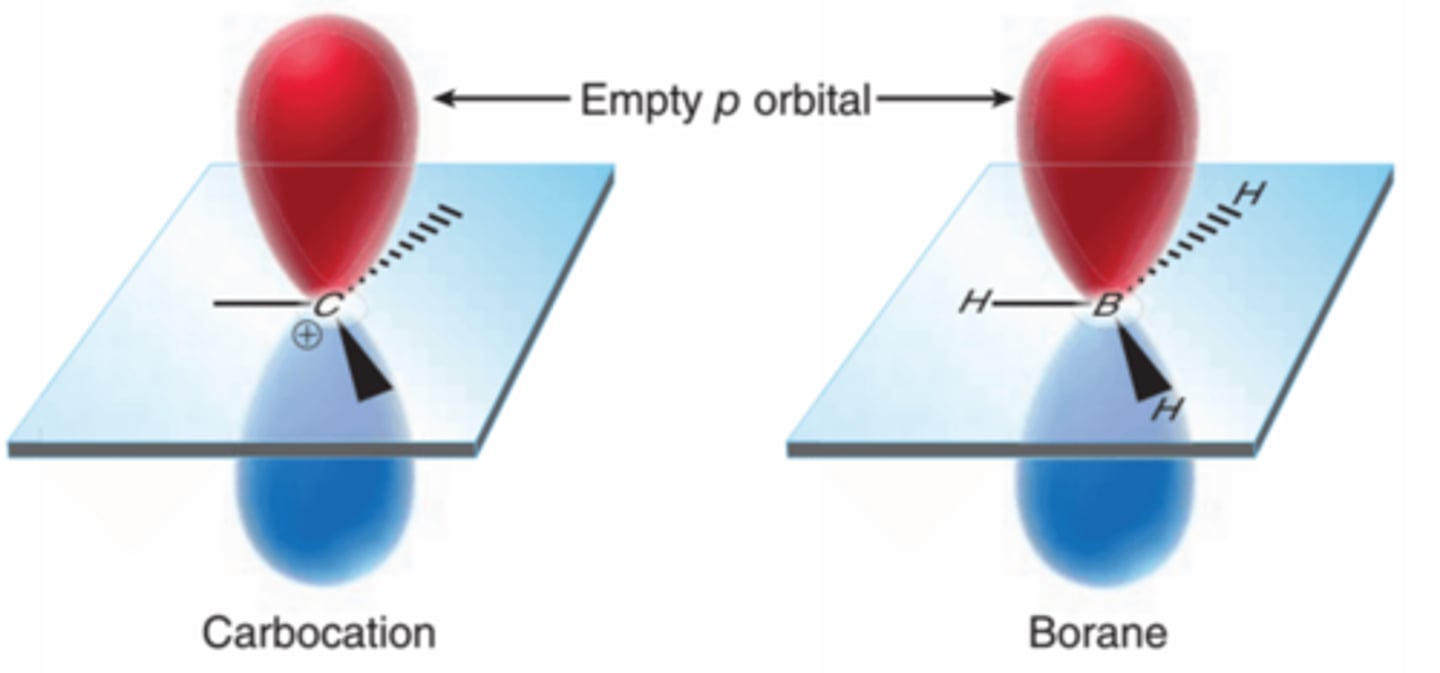 <p>The structure of borane(BH3) is similar to that of a carbocation, but without a charge(1st example in image). The boron atom lacks an octet of electrons and is therefore very reactive</p>