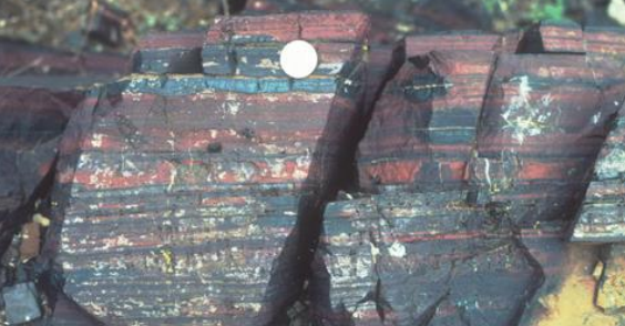<p><mark data-color="green">Image:</mark></p><p>b: banded iron formation from northern ON</p><ul><li><p>shows the alternating bands of magnetite/hematite (purple) and iron-bearing chert (red)</p></li></ul>