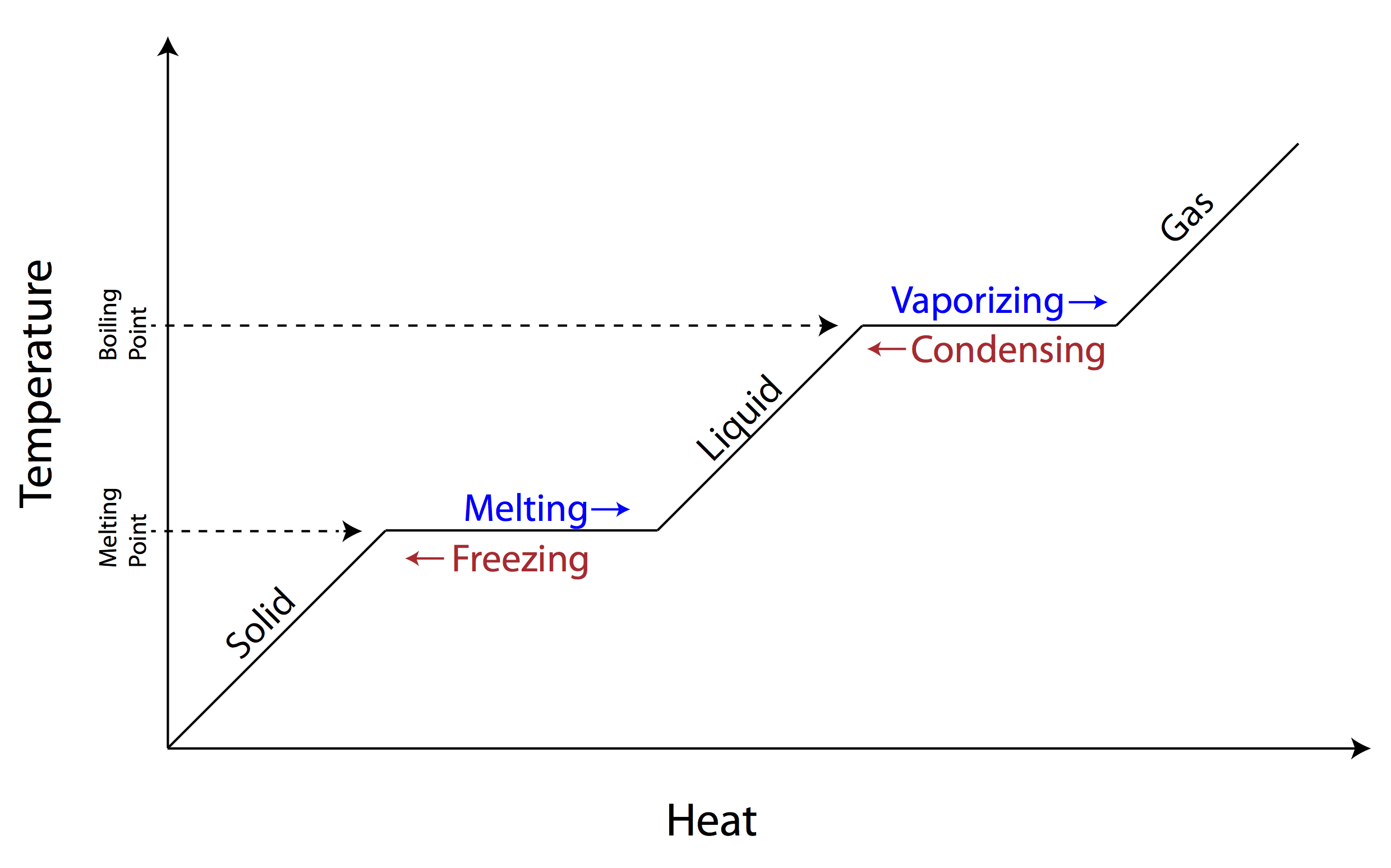 <p>A) Soild →B) Freezing/Melting → C) Liquid → D) Condensation/Vaporization → E) Gas</p><p></p><p>Sublimation (solid→gas) </p><hr><p>Deposition (gas→solid)</p>