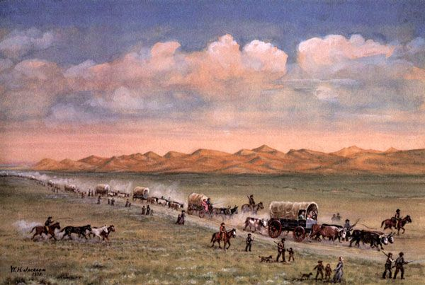 <p>Americans travelled on overland trails to west because of gold rush, panic of 1837, and religious freedom for Mormons</p><p>Most Travelled route was Oregon Trail, from St. Louis near Missouri River across Rockies to Oregon Territory. By 1860, 350,000 Americans went on 3-6 month journey to claim lands west </p><ul><li><p>Enabled one of largest migrations in american history </p></li><li><p>Facilitated westward expansion</p></li><li><p>Most pioneers were middle class family units and many were male farmers</p></li><li><p>Many women could take on traditionally male jobs on trail</p></li><li><p>Travelled in wagon trails to shoulder labor and maintain safety</p></li><li><p>1/10 of pioneers died heading west looking for opportunity </p></li></ul><p></p>