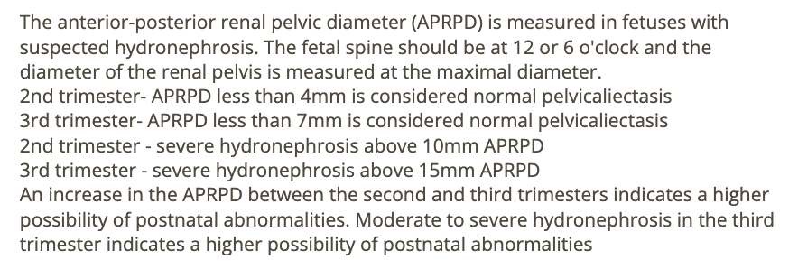 <p>d) transverse image w/fetal spine at 12 or 6 o’clock, measure the maximum diameter of dilation</p>