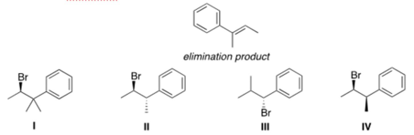 <p>Which of the following alkyl halides would afford the indicated product upon reaction</p><p>with sodium methoxide?</p><p>A) I B) II C) III D) IV</p>