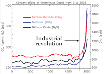 <ul><li><p>Carbon dioxide (CO<sub>2</sub>), methane (CH<sub>4</sub>), nitrous oxides (N<sub>2</sub>O), and ozone (O<sub>3</sub>) are <strong><span style="color: blue">naturally occurring</span></strong> green house gases</p></li><li><p>For 650,000 years, levels of these gases remained fairly steady</p></li><li><p>Human activity in last 250 yrs caused large increase in GHG’s</p><ul><li><p>Water vapour (H<sub>2</sub>O) is a GHG, but human activity doesn’t have much influence on this gas</p></li></ul></li></ul>
