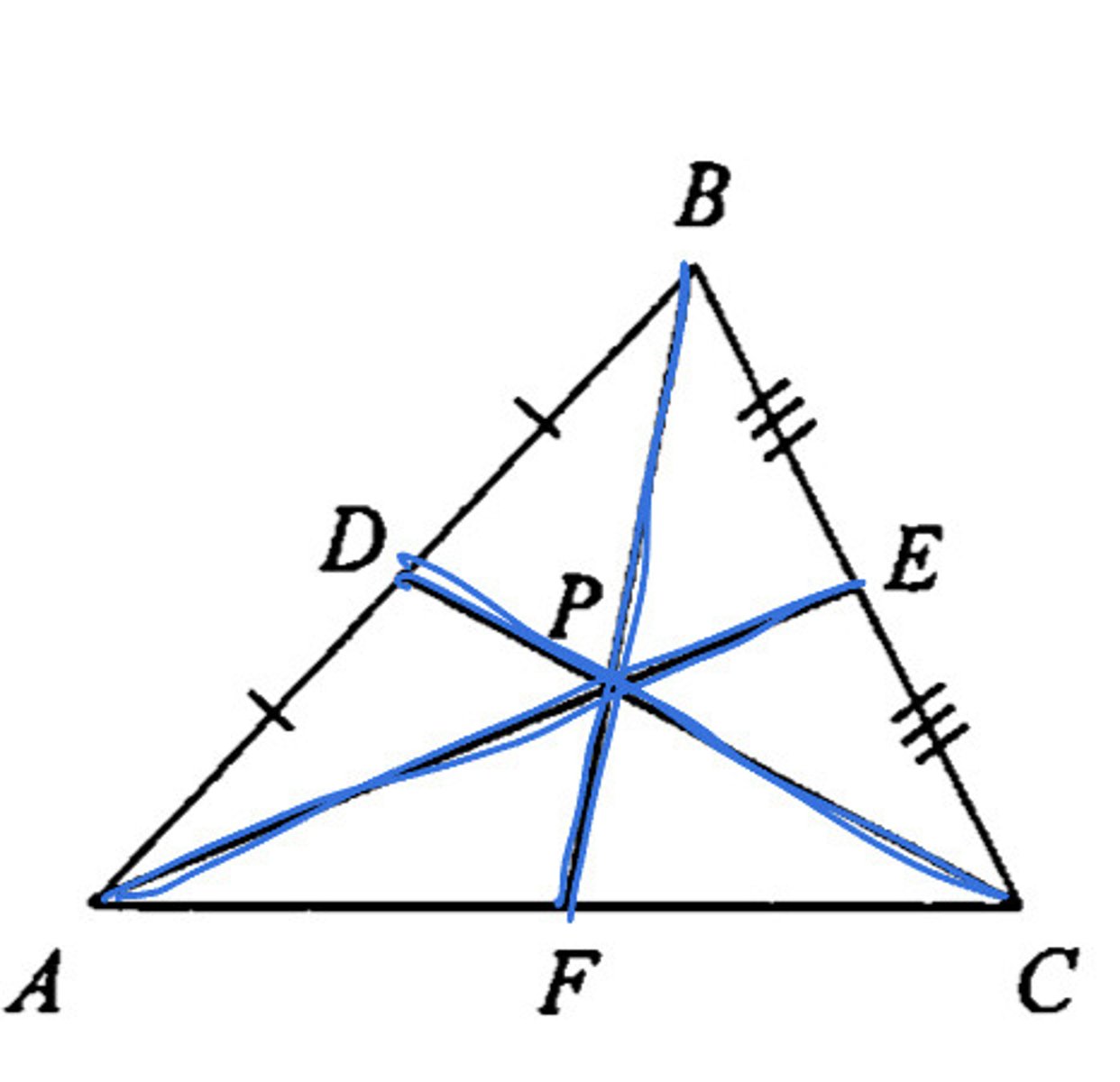 <p>1. Centroid-&gt; vertex: 2/3(total) (long segment)<br><br>2. Centroid-&gt; side: 1/3(total) (short segment)<br><br>3. Long short ratio<br><br>4. 2:1 ratio</p>