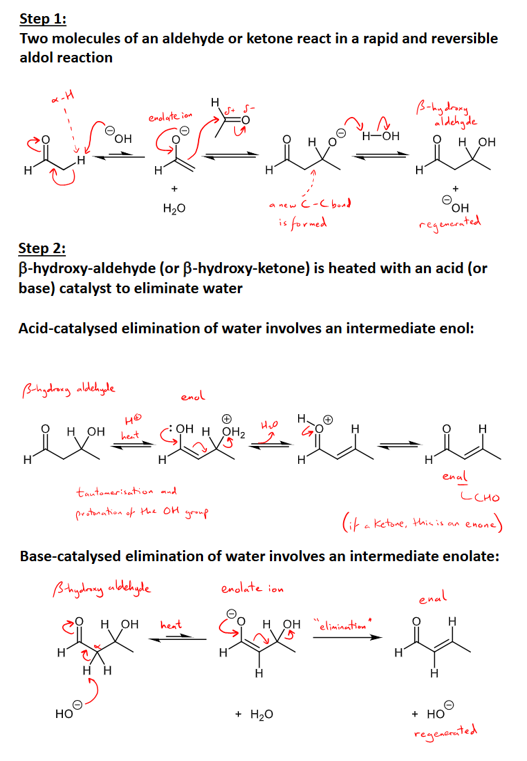 <ul><li><p>a base catalysed dimerization reaction for all aldehydes and ketones with alpha-hydrogen atoms</p></li><li><p>step 1 - two aldehydes or ketones react in a rapid reversible aldol reaction</p></li><li><p>step 2 - beta-hydroxy-aldehyde (or -ketone) is heated with an acid or base catalyst to eliminate water and form an enal </p></li><li><p>acid-catalysed elimination of water involves an intermediate enol and the base catalysed elimination of water involves an intermediate enolate ion</p><p></p></li></ul><p></p>