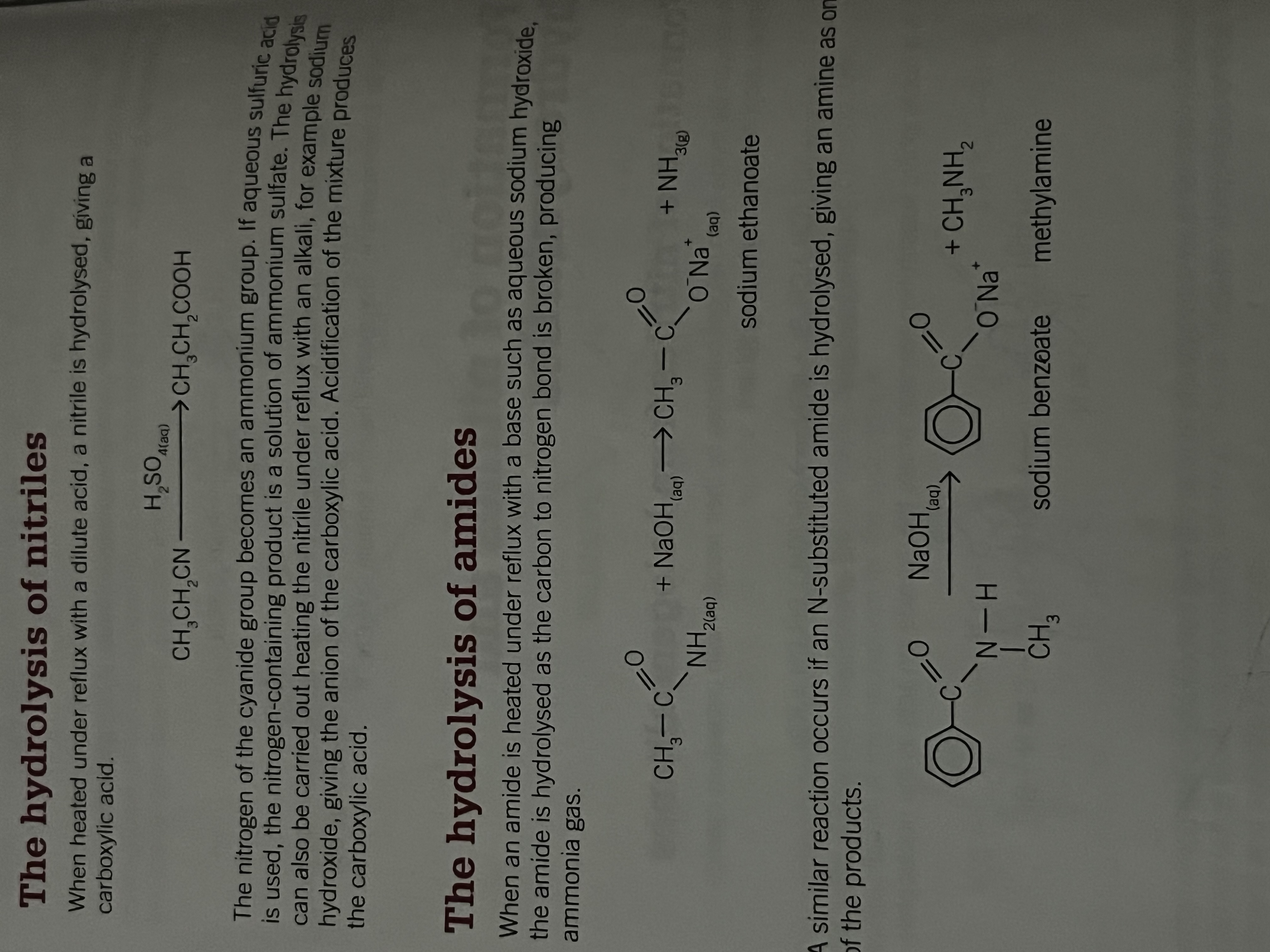 <p>Where did amide is heated under reflux with a base (NaOH) the amide is hydrolised as the carbon to nitrogen bond is broken, producing ammonia gas</p>