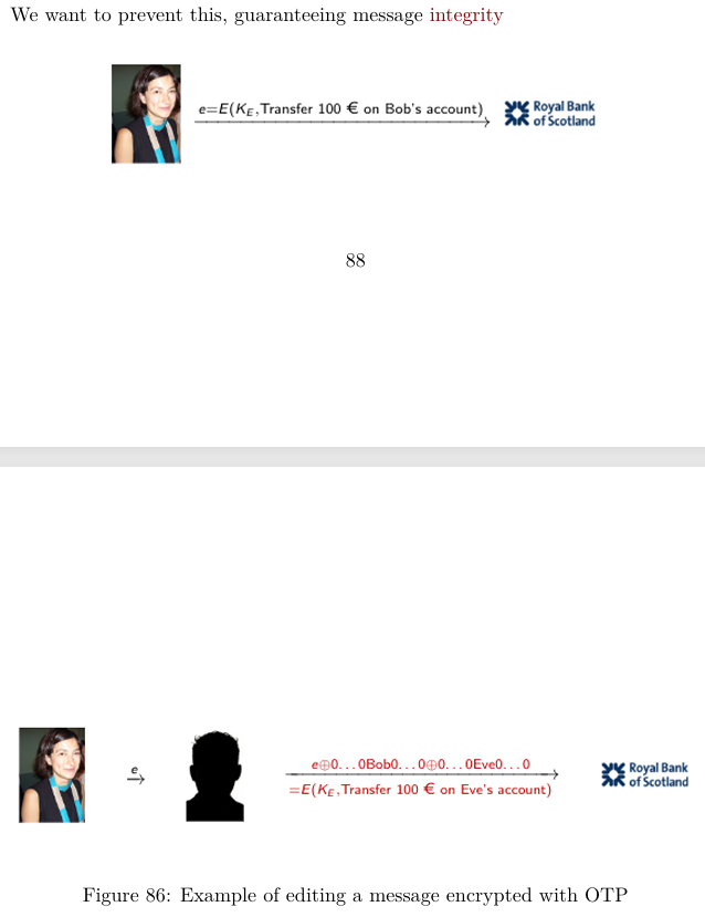 <p>MACs are message authentication codes.</p><p>when encrypting with a cipher - like the one-time pad - messages which are intercepted can be easily altered. we want to prevent this, guaranteeing message integrity. a MAC is a pair of algorithms (S, V) defined over (K, M, T) where S generates a tag and V verifies that the tag is the same when the message is recovered:</p><p><strong>S : K x M → T</strong></p><p><strong>V : K x M x T → {T, ⊥}</strong></p><p>This makes it extremely hard to compute a valid pair <strong>(m, S(k, m))</strong></p>