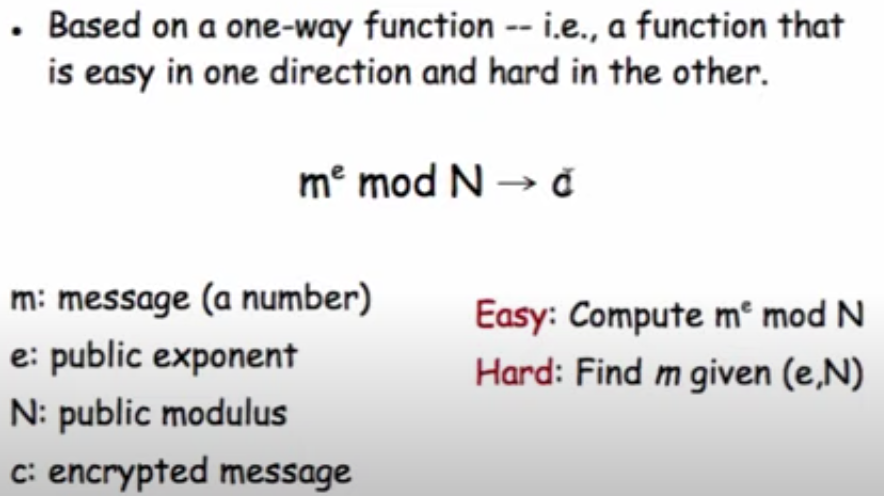 * Cryptosystem used for public-key encryption
* Widely used for securing sensitive data sent over an insecure network like the Internet.
* Based on a one-way function (m^e mod N→c)
