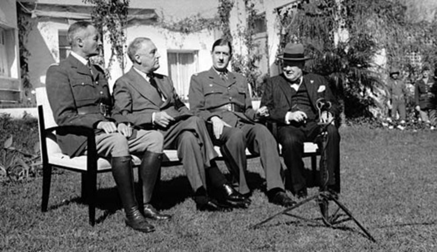 <p>The conference attended by Roosevelt and Churchill in January 1943, to discuss the strategy to win World War II. The plan called for the invasion of Sicily and Italy by British and American troops. They resolved to accept nothing less than unconditional surrender of Axis powers. (p. 537)</p>